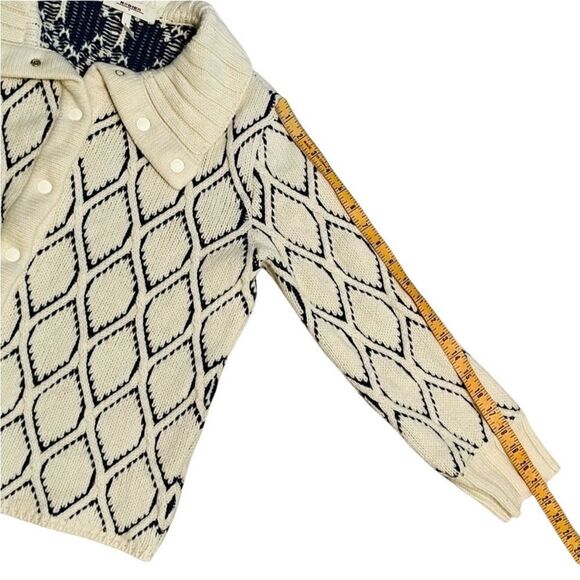 Rodier France Wool Cardigan Ivory Navy Diamond Pattern Sweater Collar Vintage L - Picture 5 of 12